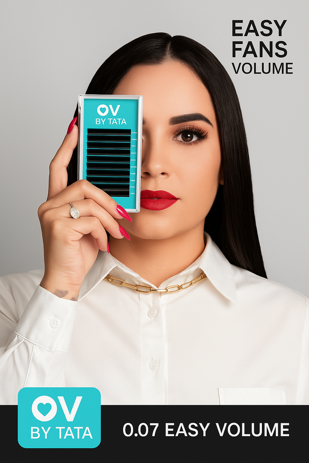 Woman holding a container of Ulov by Tata eyelashes with branding visible